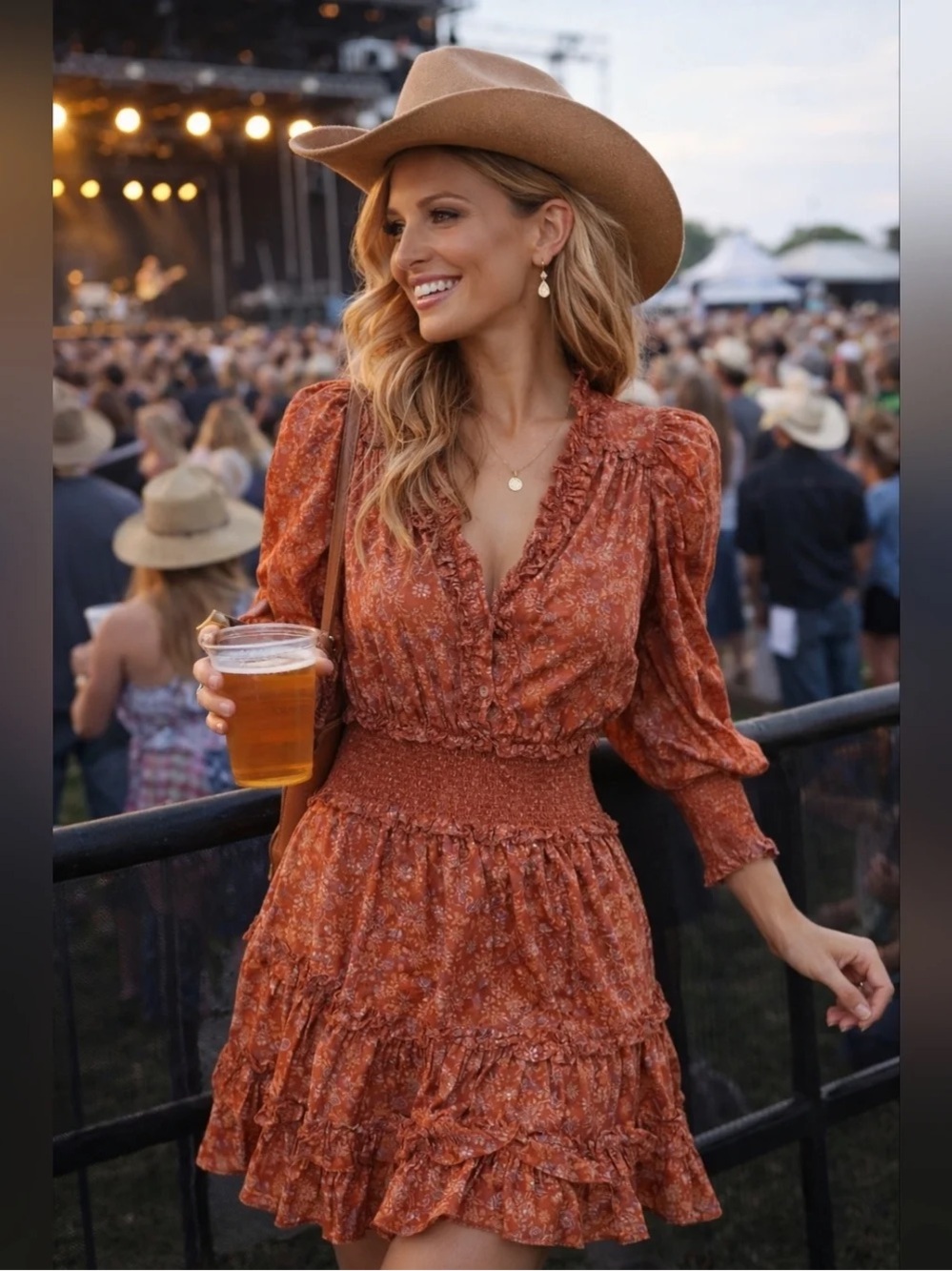 House of Harlow 1960 Nicole Richie Floral Ruffle Mini Dress Rust Cotton XL